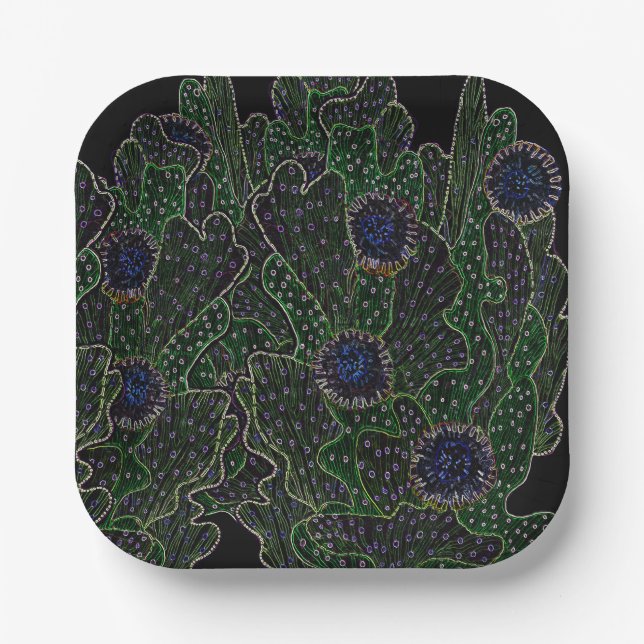 Blooming Cactus Succulent Cacti Night Neon Black Paper Plate (Front)