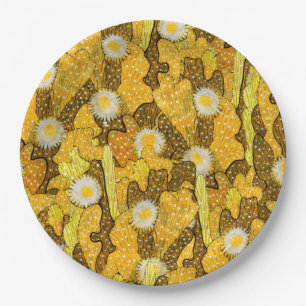 Blooming cactus, succulent flowers, desert plants paper plate