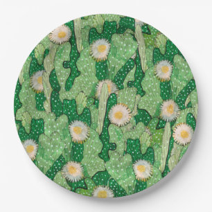 Blooming cactus, succulent flowers, desert plants paper plate
