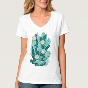 Blooming Cactus Succulent Flowers Floral Turquoise T-Shirt