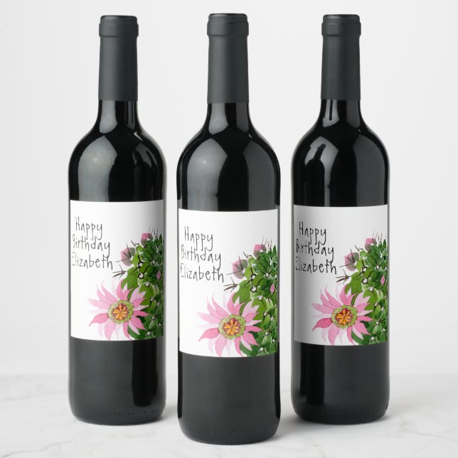 Blooming Cactus Watercolor Custom Party Wine Label (Bottles)