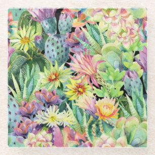 Blooming cactus, watercolor seamless pattern. glass coaster
