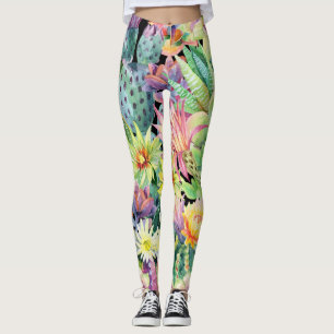 Blooming cactus, watercolor seamless pattern. leggings