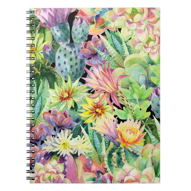 Blooming cactus, watercolor seamless pattern. notebook (Front)