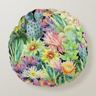 Blooming cactus, watercolor seamless pattern. round cushion