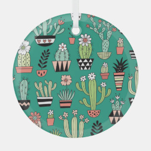 Blooming Cactuses Green Background Vintage Glass Tree Decoration