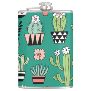 Blooming Cactuses Green Background Vintage Hip Flask
