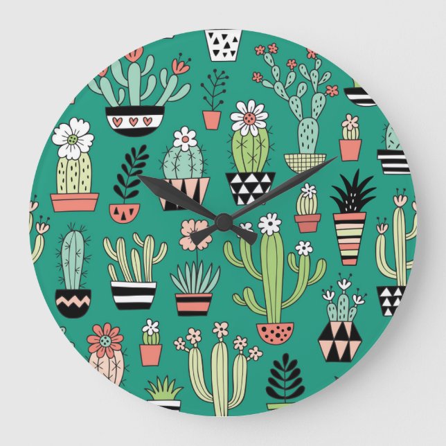 Blooming Cactuses Green Background Vintage Large Clock (Front)