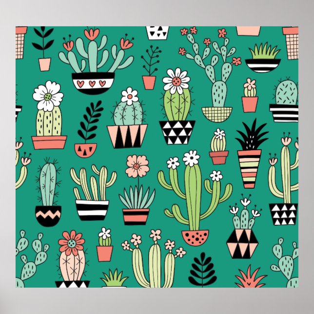 Blooming Cactuses Green Background Vintage Poster (Front)