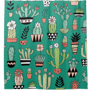 Blooming Cactuses Green Background Vintage Shower Curtain