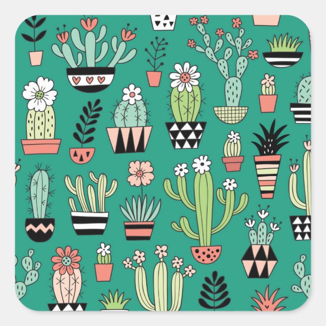 Blooming Cactuses Green Background Vintage Square Sticker (Front)