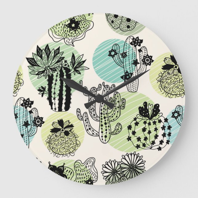 Blooming Cactuses: Hand-Drawn Seamless Charm Large Clock (Front)