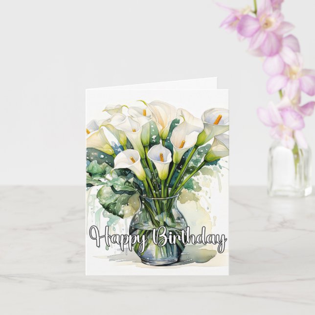 Blooming Calla Lilies Happy Birthday Card (Orchid)