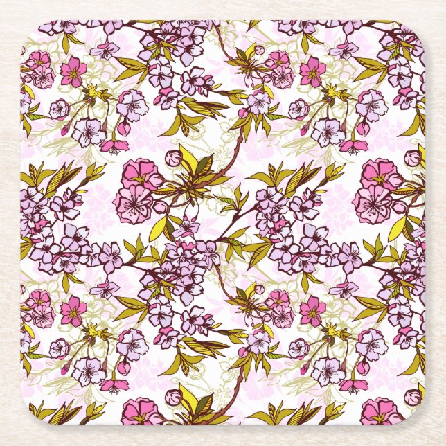 Blooming Cherry Blossom Pattern  Square Paper Coaster (Front)