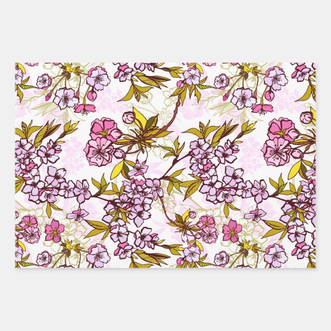 Blooming Cherry Blossom Pattern Wrapping Paper Sheet (Front)
