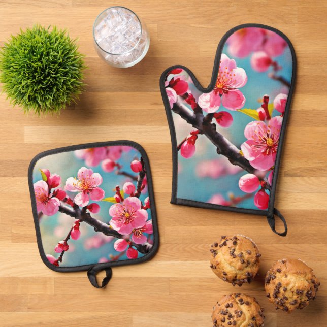 Blooming Cherry Blossoms in Spring Oven Mitt & Pot Holder Set (Top Down)