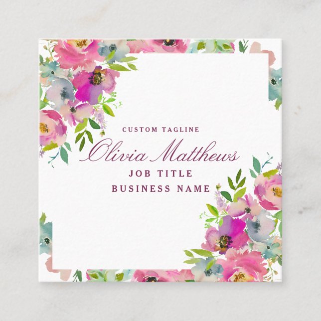 Blooming Chic Blush Pink Floral Framed Square Square Business Card (Front)