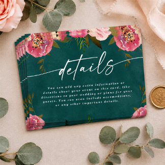 Blooming Chic Deep Teal Green Wedding Details Enclosure Card