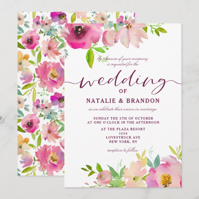 Blooming Chic Floral Hand Lettered Look Wedding Invitation (Front/Back)