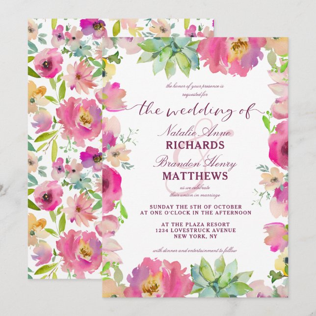 Blooming Chic Mint & Blush Floral Border Wedding Invitation (Front/Back)