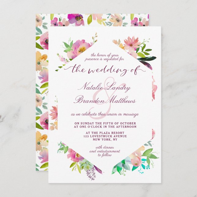 Blooming Chic Mint & Blush Floral Hexagon Wedding Invitation (Front/Back)
