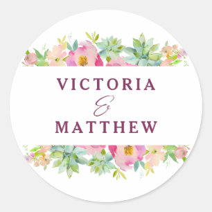 Blooming Chic Mint & Blush Floral Monogram Wedding Classic Round Sticker