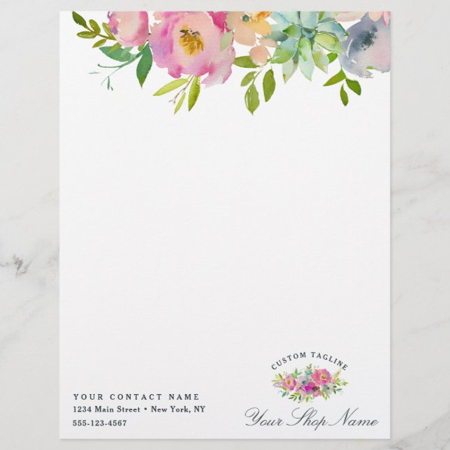 Blooming Chic Mint & Blush Pink Floral Business Custom Letterhead (Front)