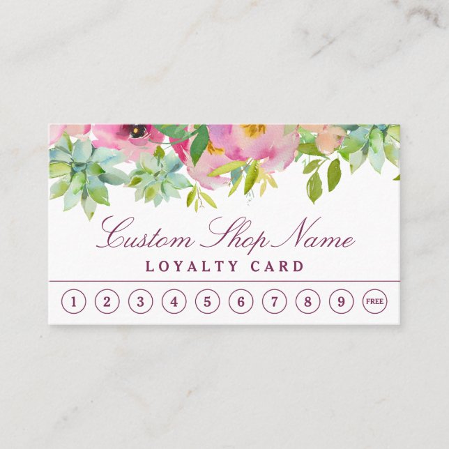 Blooming Chic Mint & Blush Pink Floral Business Loyalty Card (Front)