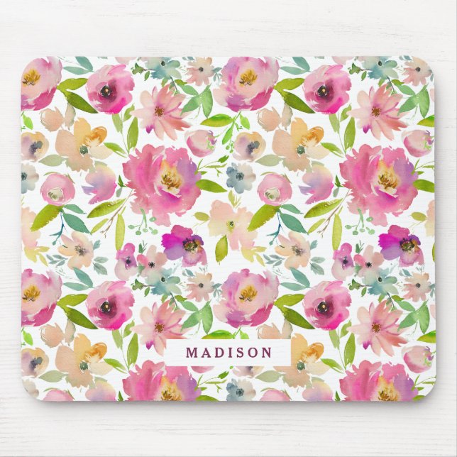 Blooming Chic Mint & Blush Pink Floral Monogram Mouse Mat (Front)