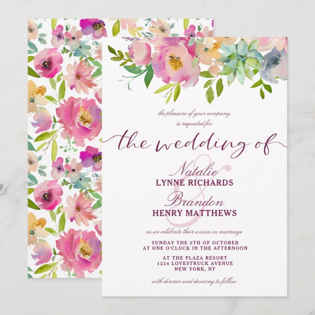 Blooming Chic Mint & Blush Pink Floral Wedding Invitation (Front/Back)