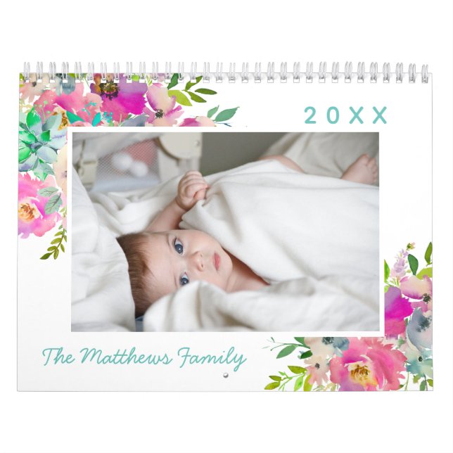 Blooming Chic Pink Floral Custom Family Photo Calendar (Cover)