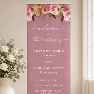 Blooming Chic Rose Pink Floral Wedding Welcome Retractable Banner