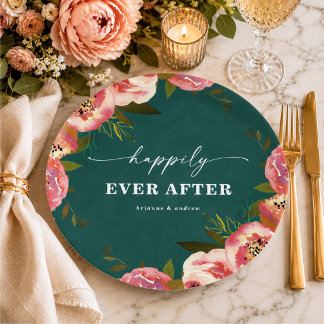 Blooming Chic Teal Green Floral Wedding Reception Paper Plate