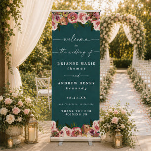Blooming Chic Teal Green Floral Wedding Welcome Retractable Banner