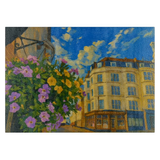 Blooming Corner – Vibrant European Street  Cutting Board (Front)