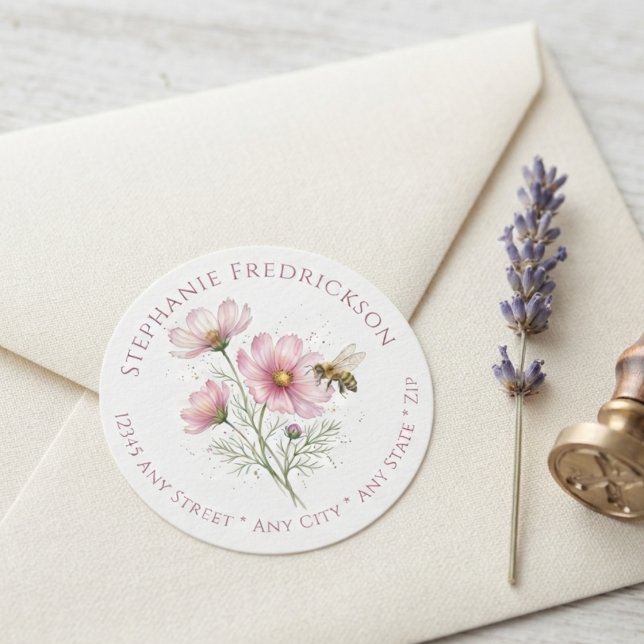 Blooming Cosmos Garden Party Return Address (Delicate pink cosmos and honeybee design perfect for spring party stationery.)