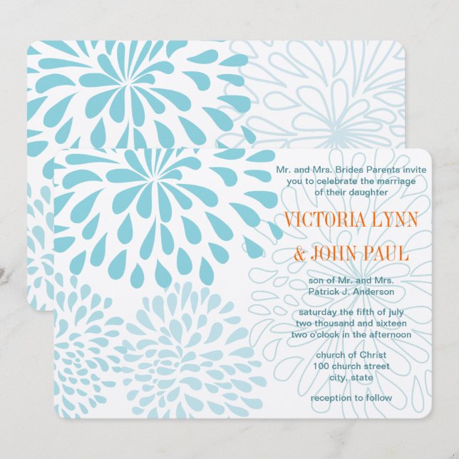 Blooming Dahlia Coral Blue Floral Wedding Invite (Front/Back)