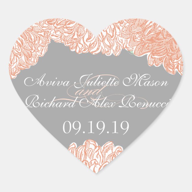 Blooming Dahlia Peach Coral Wedding Heart Sticker (Front)