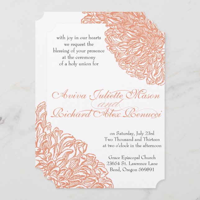 Blooming Dahlia Peach Coral Wedding Invitation (Front/Back)