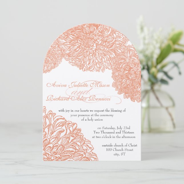 Blooming Dahlia Peach Coral Wedding Invitation (Standing Front)