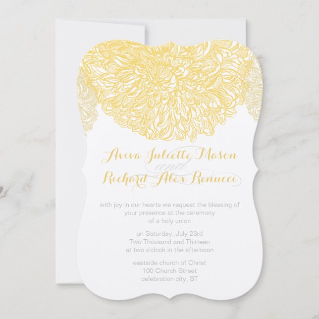 Blooming Dahlia Yellow Iris Wedding Invitation (Front)