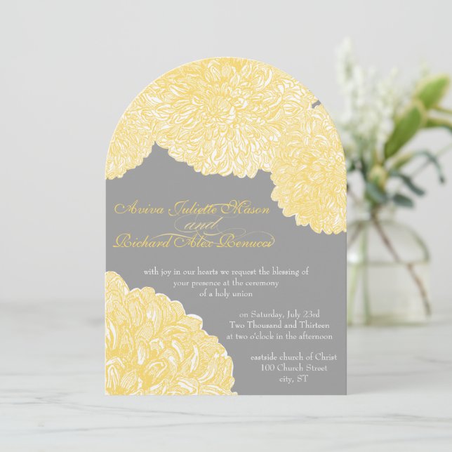 Blooming Dahlia Yellow Iris Wedding Invitation (Standing Front)