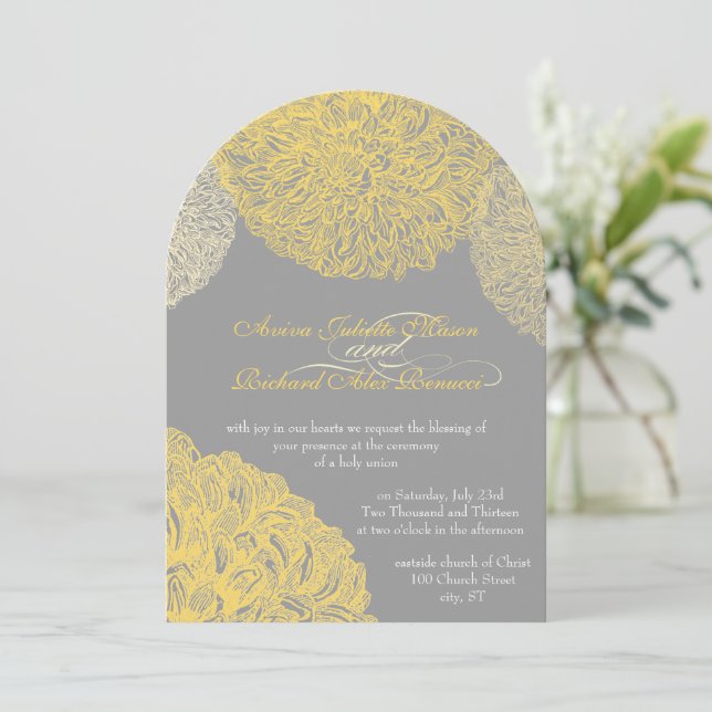 Blooming Dahlia Yellow Iris Wedding Invitation (Standing Front)