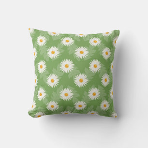 Blooming Daisy Flowers Pattern On Green Cushion