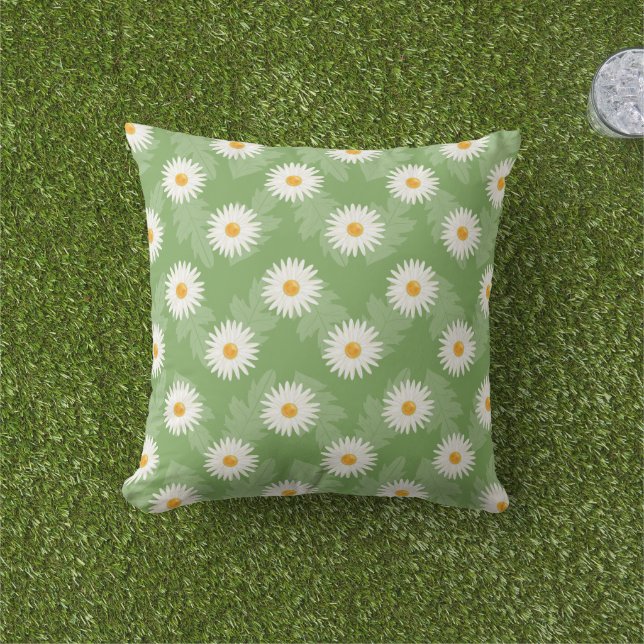 Blooming Daisy Flowers Pattern On Green Outdoor Cushion (Grass)