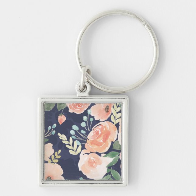 Blooming Delight | Peach & Blue Roses & Poppies Key Ring (Front)