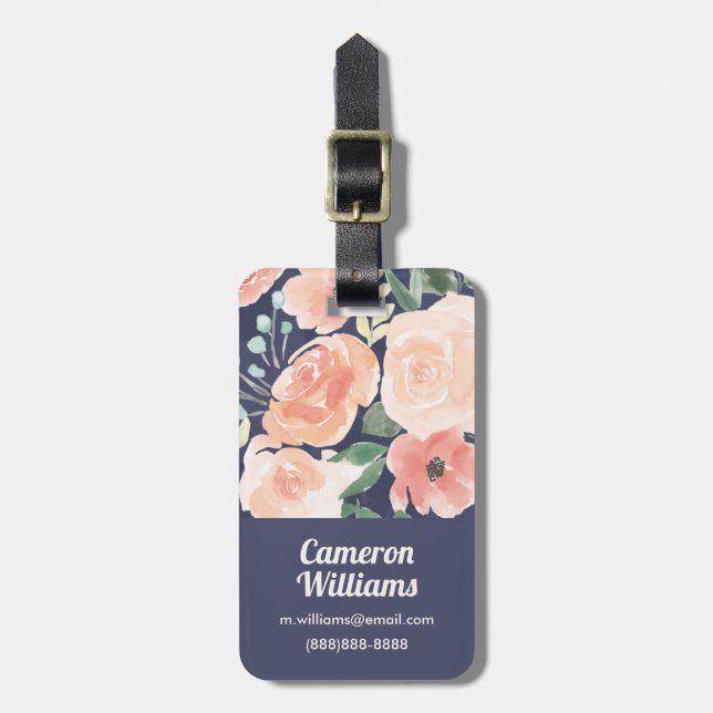 Blooming Delight | Peach & Blue Roses & Poppies Luggage Tag (Front Vertical)