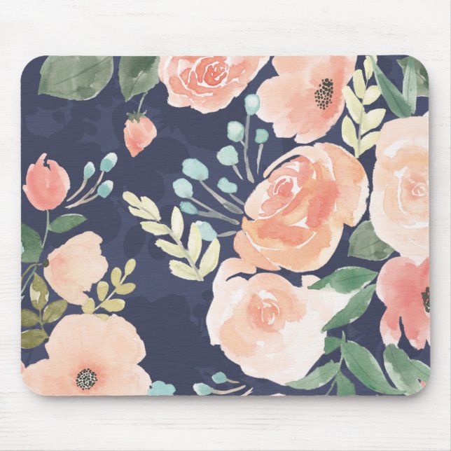 Blooming Delight | Peach & Blue Roses & Poppies Mouse Mat (Front)