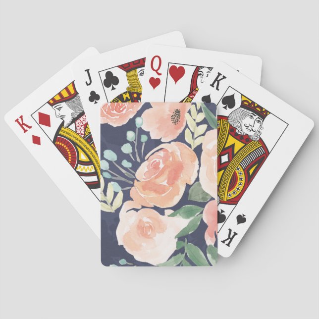 Blooming Delight | Peach & Blue Roses & Poppies Playing Cards (Back)