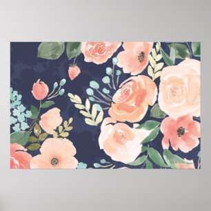 Blooming Delight Peach & Blue Roses & Poppies Poster